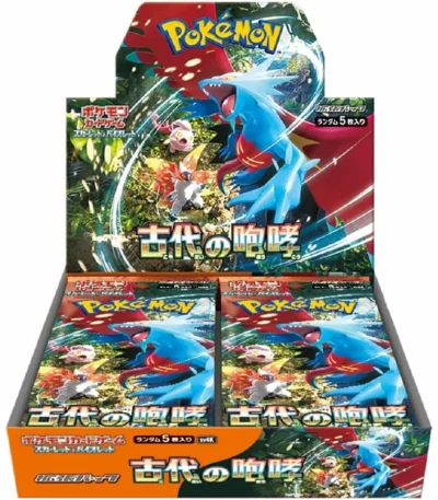 Japanese Pokémon Ancient Roar Booster Box featuring SV4K pack art with Roaring Moon ex