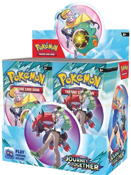 Pokémon TCG Journey Together Booster Box featuring 36 sealed packs with Terapagos and Stellar Pokémon artwork