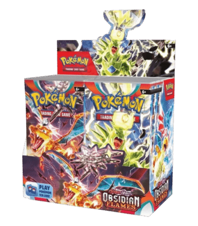 Pokémon TCG Obsidian Flames Booster Box featuring 36 sealed packs with Dark Tera Charizard ex artwork