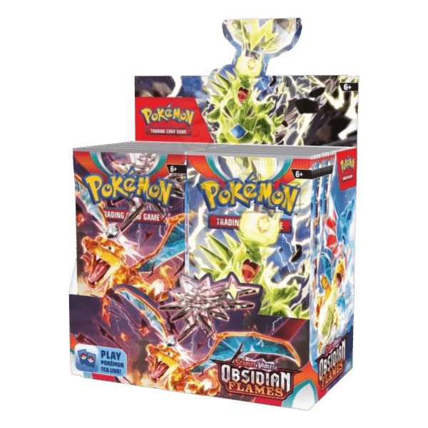 Pokémon TCG Obsidian Flames Booster Box featuring 36 sealed packs with Dark Tera Charizard ex artwork