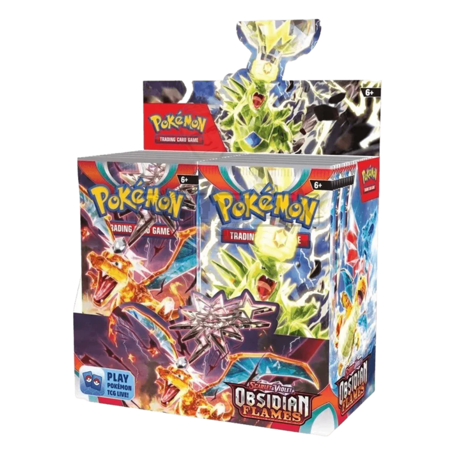 Pokémon TCG Obsidian Flames Booster Box featuring 36 sealed packs with Dark Tera Charizard ex artwork