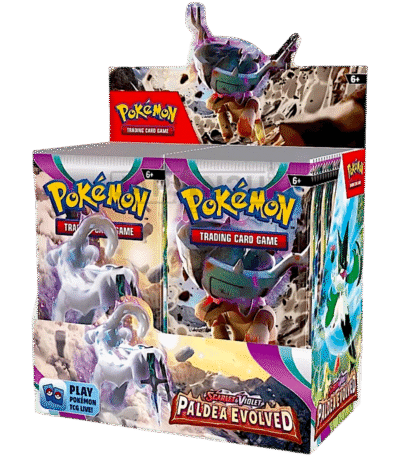 Pokémon TCG Paldea Evolved Booster Box with 36 sealed packs featuring Meowscarada, Skeledirge, and Quaquaval