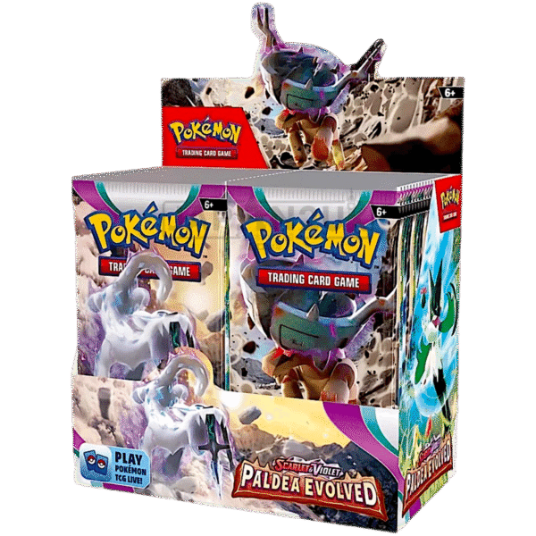 Pokémon TCG Paldea Evolved Booster Box with 36 sealed packs featuring Meowscarada, Skeledirge, and Quaquaval