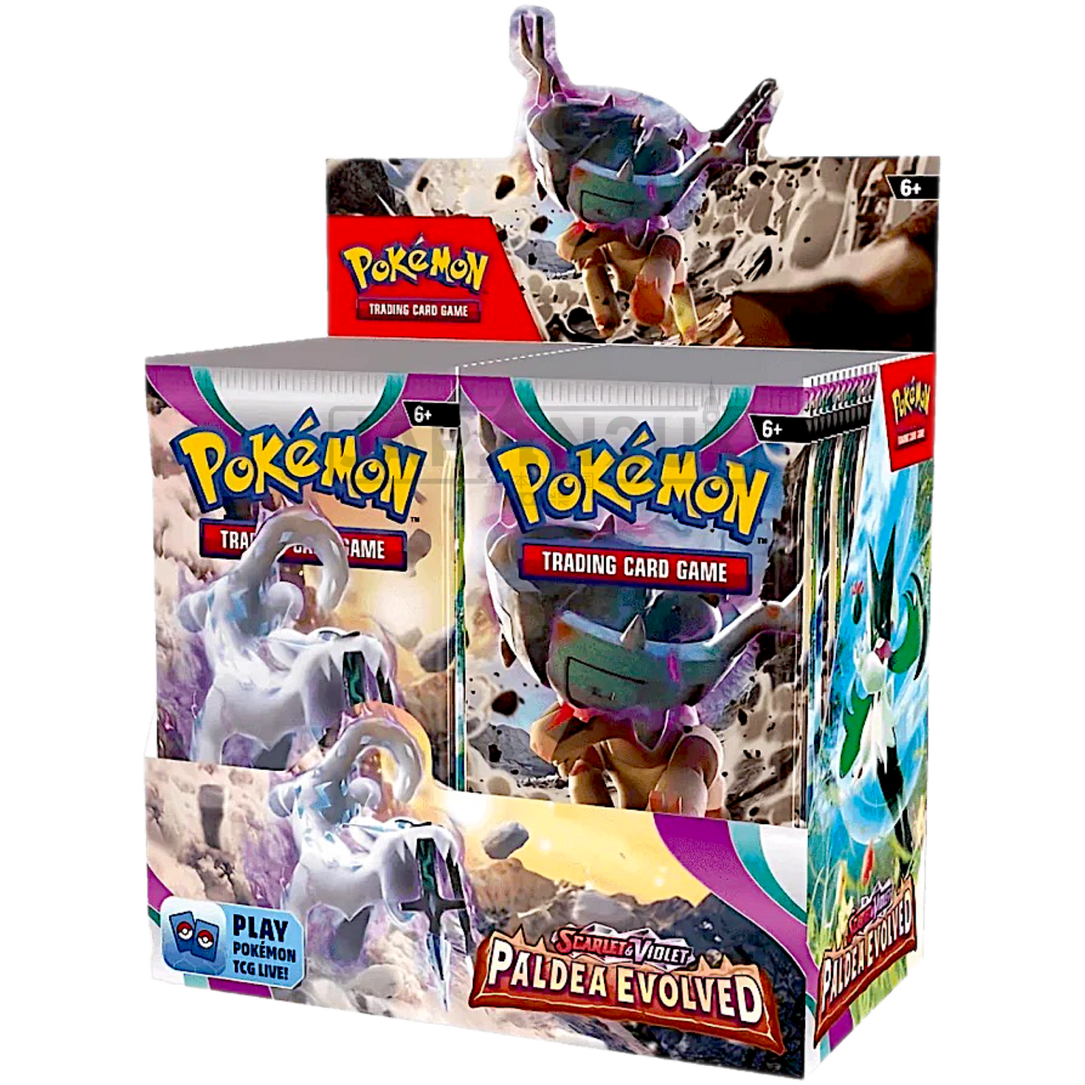 Pokémon TCG Paldea Evolved Booster Box with 36 sealed packs featuring Meowscarada, Skeledirge, and Quaquaval