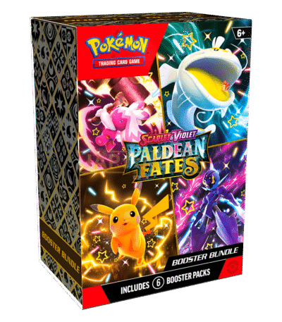 Pokémon TCG Paldean Fates Booster Bundle with 6 sealed packs featuring shiny Pokémon artwork