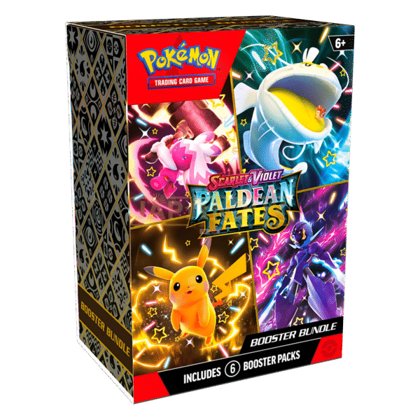 Pokémon TCG Paldean Fates Booster Bundle with 6 sealed packs featuring shiny Pokémon artwork