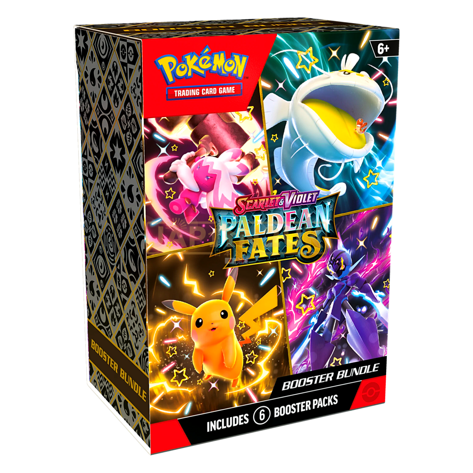 Pokémon TCG Paldean Fates Booster Bundle with 6 sealed packs featuring shiny Pokémon artwork