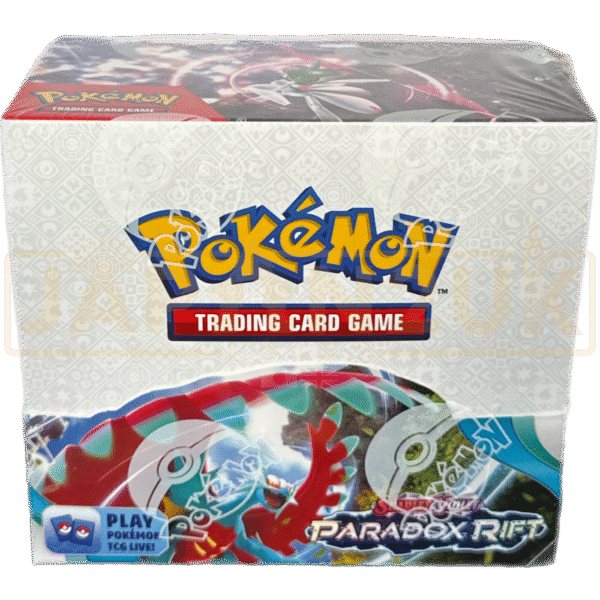 Pokémon TCG Paradox Rift Booster Box with 36 sealed packs featuring Ancient and Future Paradox Pokémon