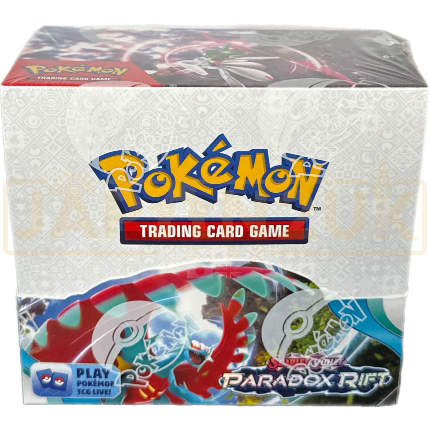 Pokémon TCG Paradox Rift Booster Box with 36 sealed packs featuring Ancient and Future Paradox Pokémon