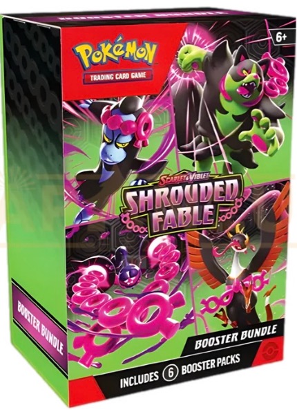 Pokémon TCG Shrouded Fable Booster Box with 36 dark-themed booster packs featuring legendary Pokémon